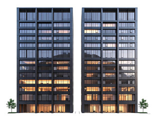 Twin dark high-rises at dusk; some windows illuminated