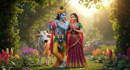 Radha Krishna with Cow in Vrindavan Garden Devotional 3D Art