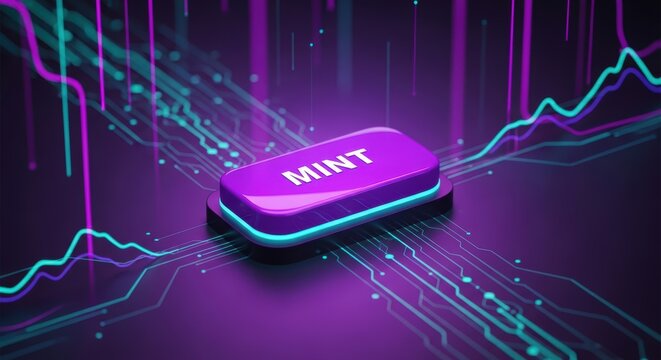 Digital mint button glowing on a futuristic purple and cyan data stream - Powered by Adobe