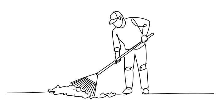 A single continuous line drawing of a person raking leaves on the ground Vector, illustration