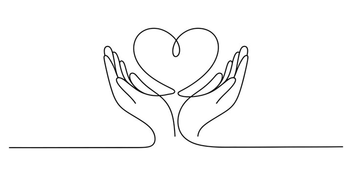 A minimalist single continuous line art depicting hands gently cradling a heart symbol Vector, illustration