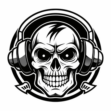 Skull in hustle art style with a retro style headphone 59b - BW r2
