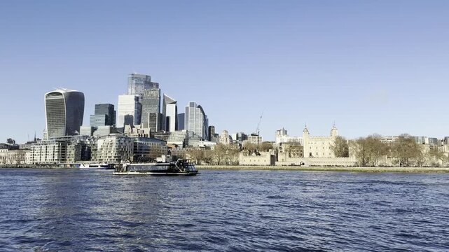 Panorama of the City of London and Tower of London. View from accross the river Thames.