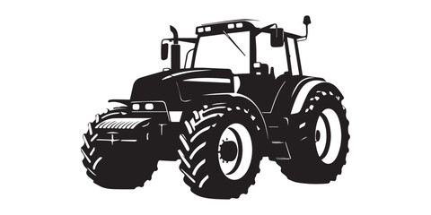 Obraz premium Black silhouette of a modern farm tractor on a white background, Black silhouette of a tractor plowing a field representing agriculture and farming isolated on white background, pro