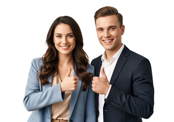 Approval thumbs up icon-like pose by business couple, recommendation signal for product review and service rating visuals, endorsement for promotion layouts with copy space on isolated background
