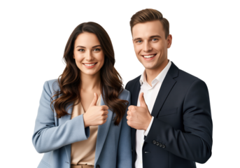 Approval thumbs up icon-like pose by business couple, recommendation signal for product review and service rating visuals, endorsement for promotion layouts with copy space on isolated background