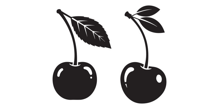 Minimalist black cherry silhouette set with leaves on white background, Black silhouette of two cherries with a leaf on a white background cherry fruit, cherry black silhouette logo icon, pro