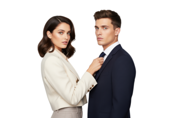 Executive couple portrait with a businesswoman adjusting a tie on a businessman, business partnership and negotiation theme for leadership messaging, interview and deal making use in business media