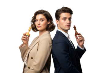 Rivalry chess kings held by two leaders back to back for competitive decision making, visual for negotiation strategy and risk management in business planning and executive alignment