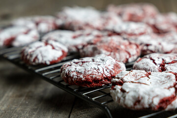 Homemade Strawberry and Red Velvet Crinkle Cookies on Cooling Rack. 