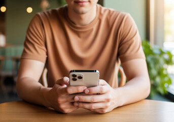 Smartphone user holding a mobile device at a cafe table, closeup hands for messaging, app notifications and online service use with space for headline text in advertising media layouts