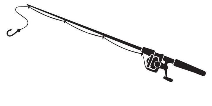 A silhouette fishing rod is angling with a hook on a white background, black and white fishing rods with reels on white background fishing pole, Simple black silhouette , pro