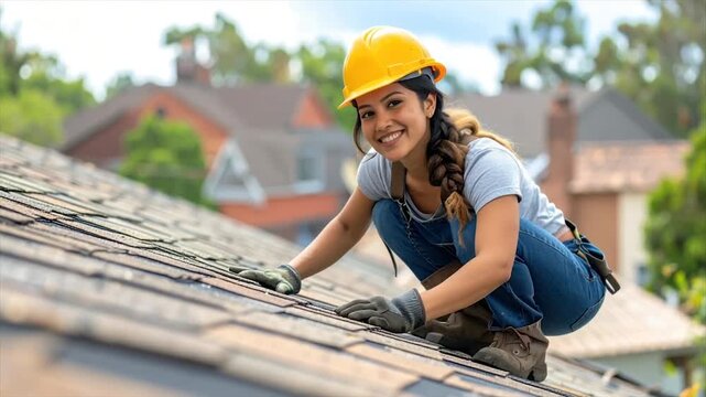 Woman roofer in protective gear smiles, working on a shingled roof, background of houses