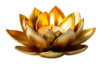Golden Lotus Flower Tea Light Holder with Candle Keywords: candle, tea light, holder, lotus isolated on a transparent background