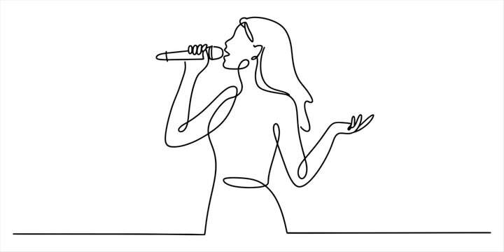 Continuous line art drawing of a woman singing into a microphone, capturing performance elegance Vector, illustration