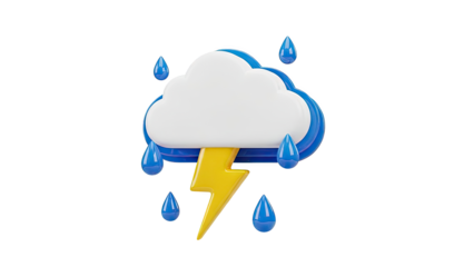 3D Stormy weather icon with cloud lightning and raindrops on transparent background
