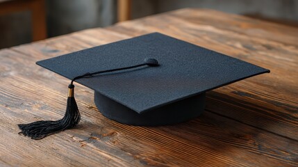 A black academic graduation cap on a table symbolizes education, achievement, and the completion of learning milestones.
