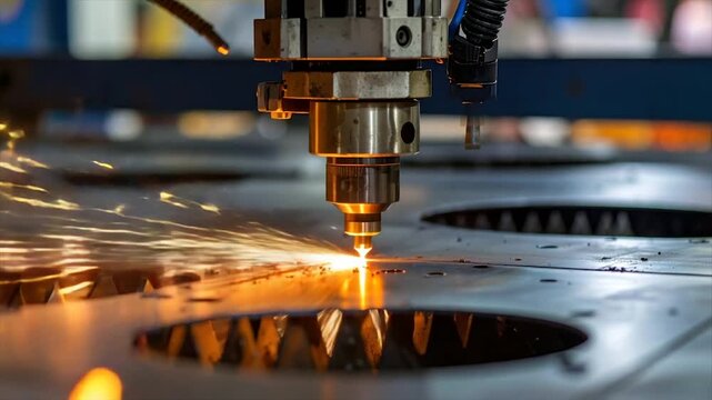 Machine nozzle cutting metal sheet with fiery sparks and molten glow, in industrial setting