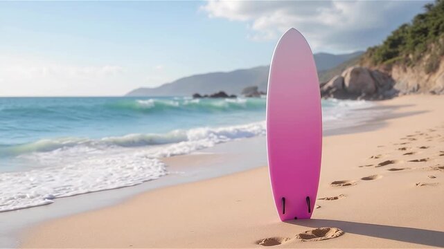 surfboard standing on the sand at the beach 
