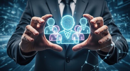 Businessman holding glowing wireframe team avatars against a blue digital network background