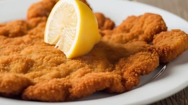 Golden Crisp: A close-up shot of a plate of perfectly fried, golden-brown chicken cutlet with a fresh lemon wedge offers an alluring culinary display.