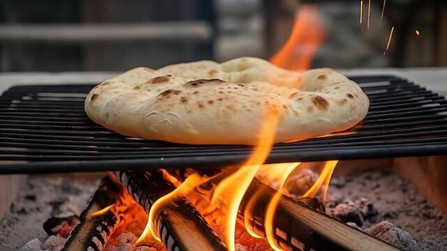 Grilled flatbread: The image shows a flatbread cooking on a grill over an open fire, the flames licking at the bread and creating a rustic, inviting atmosphere.
