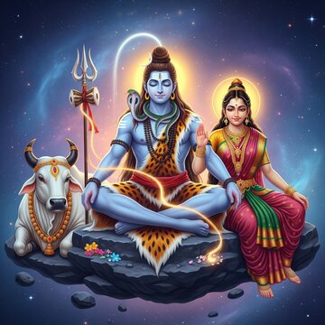 Cosmic Shiva Parvati and Nandi Divine Family Spiritual Art