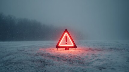 A red neon triangular warning sign glowing on snowy ground conveys danger, urgency, and heightened alert in harsh winter conditions.
