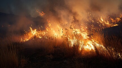 Crackling flames consuming dry grass with glowing embers and swirling smoke symbolize destruction, extreme heat, and environmental danger.

