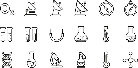 Complete set of scientific research line icons featuring laboratory flasks test tubes microscopes DNA strands thermometers satellite dishes and oxygen chemical symbols