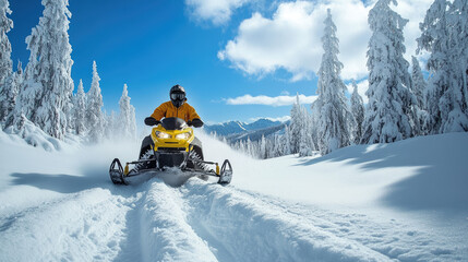 A snowmobiler speeding through a snowy winter landscape with trees. The rider, clad in warm attire, navigates the snowmobile along a winding path. AI Generative