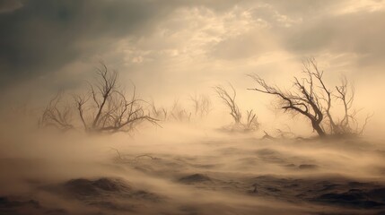 Fototapeta premium Dead leafless trees rising through swirling dust and fog evoke apocalypse, destruction, and a haunting vision of a lifeless world. 