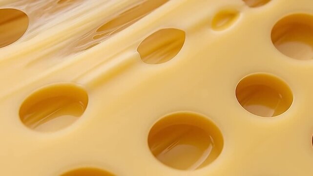 Close-up of Cheese: An eye-level shot capturing the intricate details of a Swiss cheese slice. The image displays the texture, the holes, and the light that filters through.