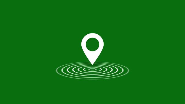 Digital white and green GPS location pin with radio waves on green background.Destination place tracker icon, Appearing pointer for a map looped animation. Global location icon with waves animation.
