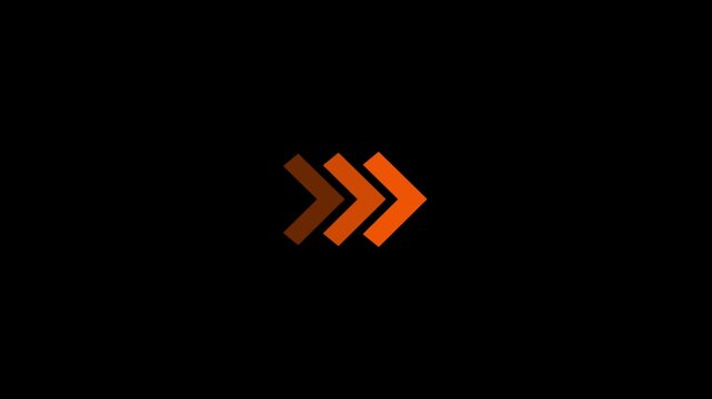 Orange right directional arrow looped animation on black background. Animated of arrows for the overlay video layer Looped animation. Digital blinking arrow navigation.