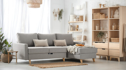 Fototapeta premium A contemporary living room with a minimalist gray sofa and clean, spacious design. 