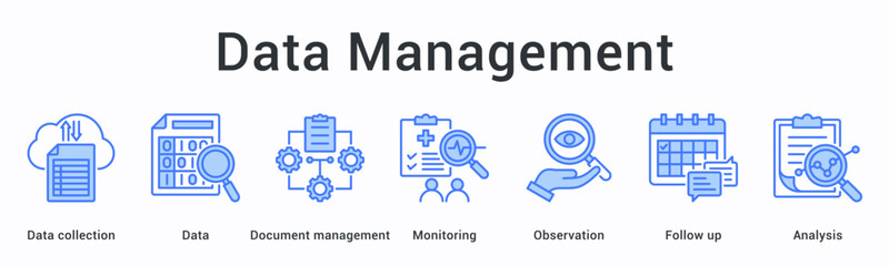 Data management banner web icon coordinates collection and monitoring with observation follow-up leading to analysis results.
