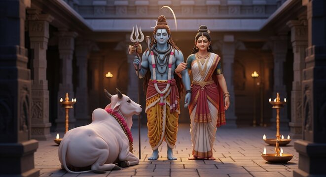 Shiva Parvati and Nandi in Peaceful Temple Courtyard Devotion