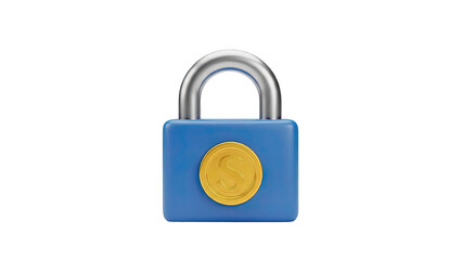 Blue padlock with gold coin symbol on transparent background