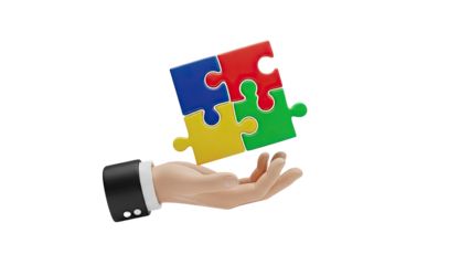 Hand holding colorful puzzle pieces on transparent background
