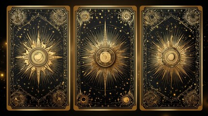 Tarot cards glowing with golden sun symbols against a cosmic background symbolize destiny, insight, and esoteric wisdom.
