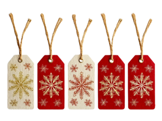 Five Christmas gift tags with snowflake designs graphic isolated on a transparent background