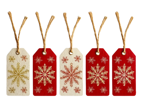Five Christmas gift tags with snowflake designs graphic isolated on a transparent background - Powered by Adobe