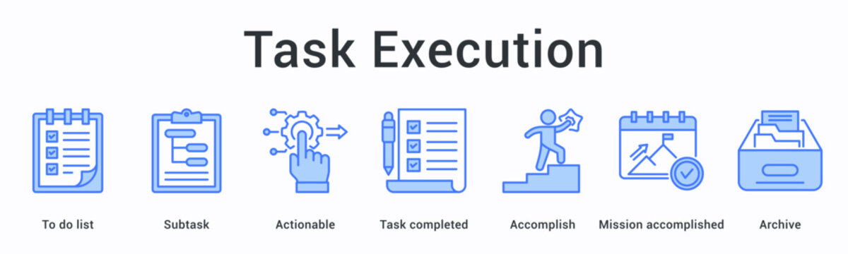 Task execution banner web icon manages lists with subtasks through actionable steps to accomplished missions and archiving.
