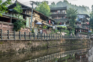 Fototapeta premium historic bridge over the river, Shangli Town, Yucheng District, Sichuan, People's Republic of China, Asia