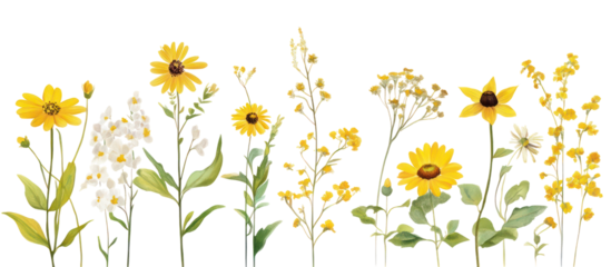 Set of Spiraea Japonica and Rudbeckia Laciniata Flowering Frontal on transparent background