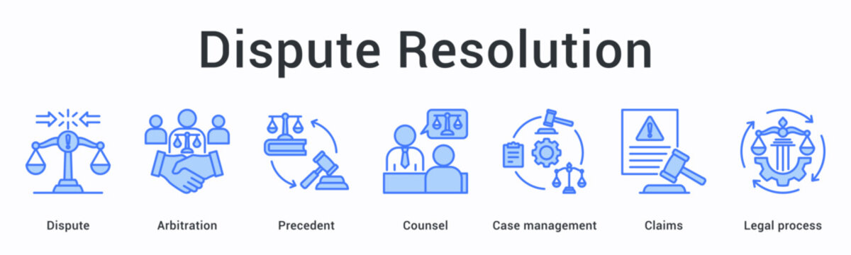 Dispute resolution banner web icon uses arbitration and precedent with counsel for case management of claims processes.