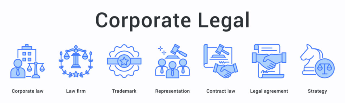 Corporate legal banner web icon covers law firm trademark representation with contract agreements and strategic planning.