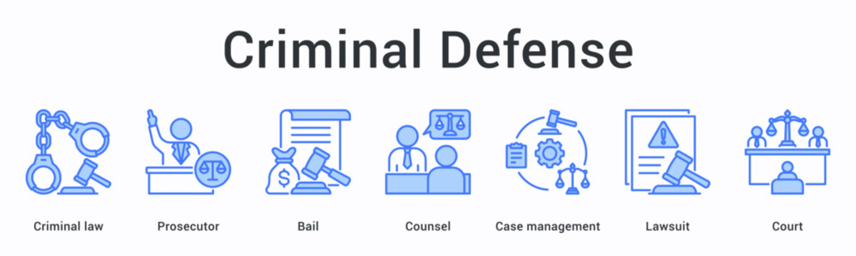 Criminal defense banner web icon involves prosecutor and bail with counsel managing lawsuit cases in court proceedings.