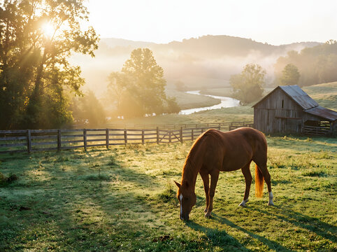 Serene Morning Sunrise Over a Lush Green Pasture with a Lone Horse Grazing Near a Rustic Barn